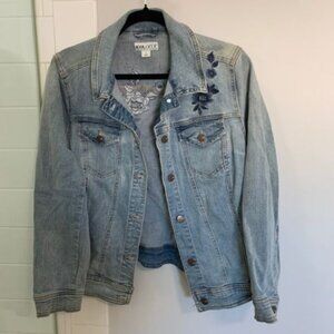 AVA & VIV Embroidered Floral Jean Jacket Blue Button Collared Long Sleeve Pocket